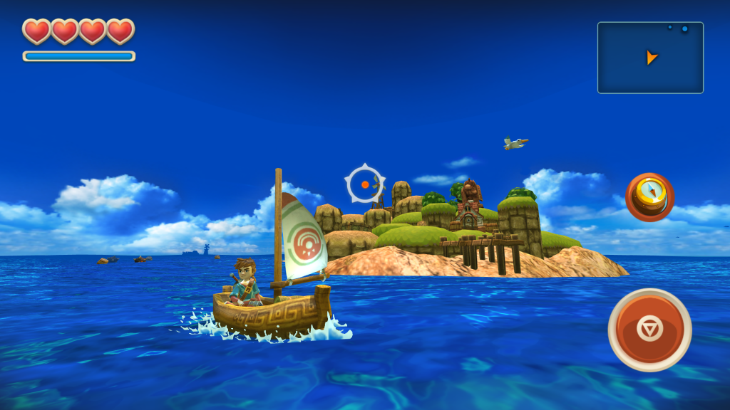 Oceanhorn gameplay showing player sailing a small vessel in the ocean