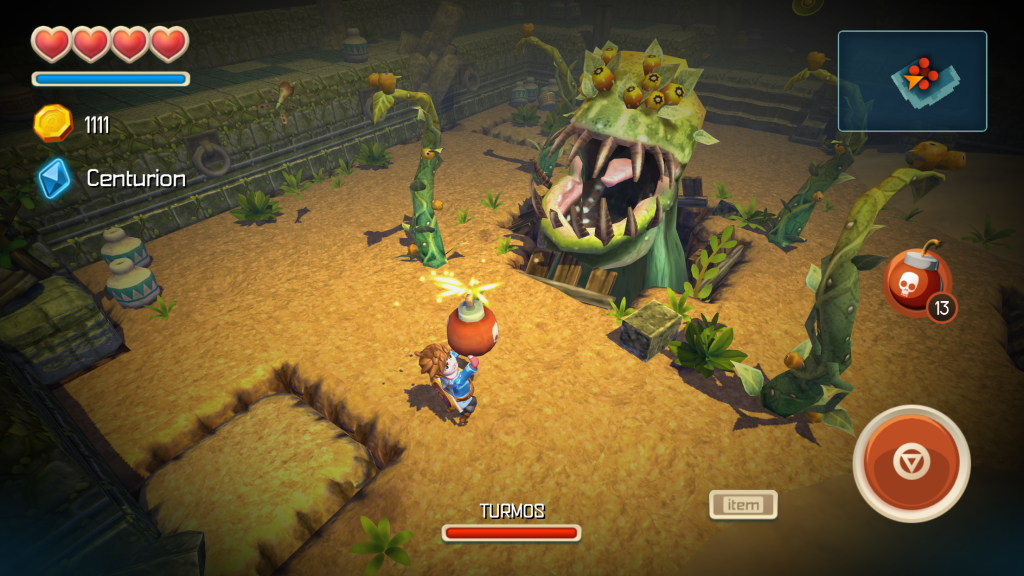 Oceanhorn gameplay showing player fighting a monsterous plant