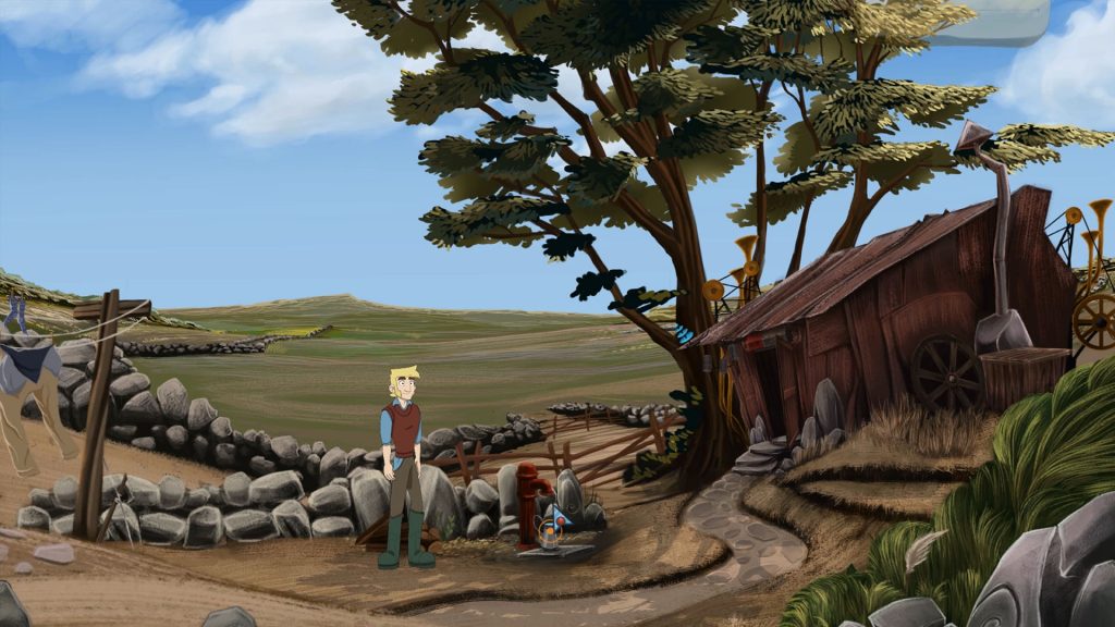 The Little Acre gameplay showing a lone person outside a shed