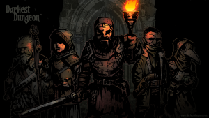 Darkest Dungeon logo with artowkr showing characters in the dark lit up by a lone torch