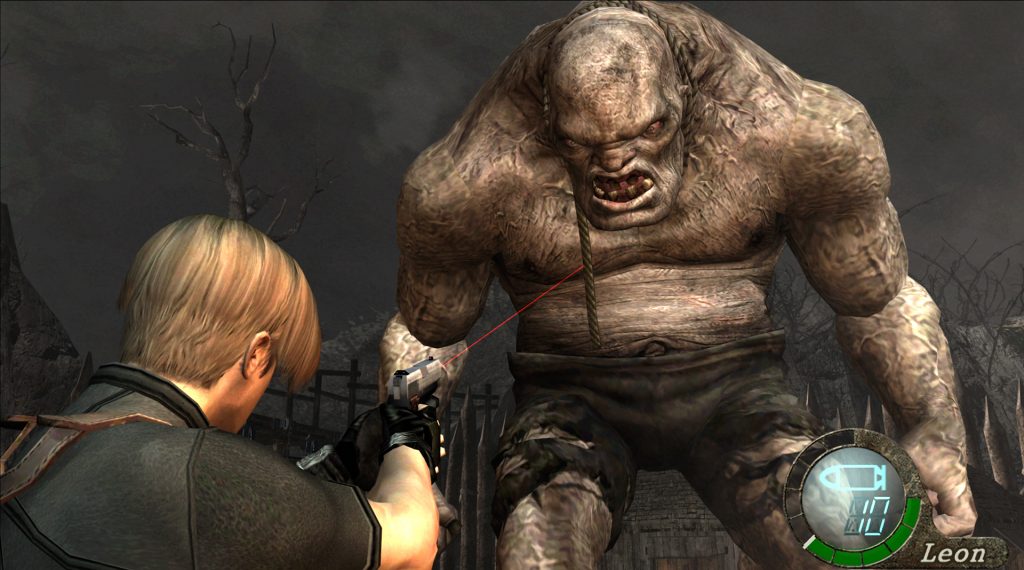 Gameplay footage showing Leon Kennedy fighting off El Gigante in Resident Evil 4