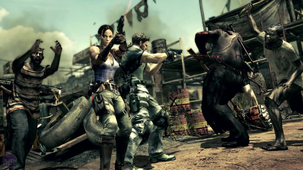 Resident Evil 5 artwork showing co-op capability of two people fighting off a hoarde of infected