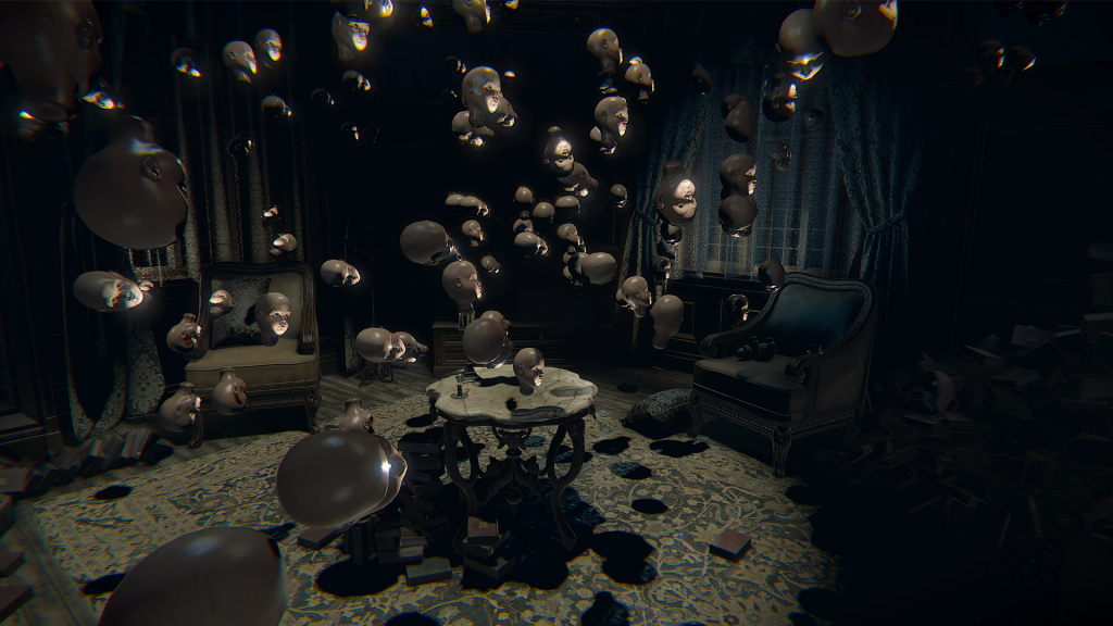 Layers of Fear gameplay footage showing floating dolls heads in a dark room