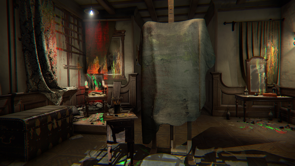 Layers of Fear gameplay showing player staring at the covered canvas