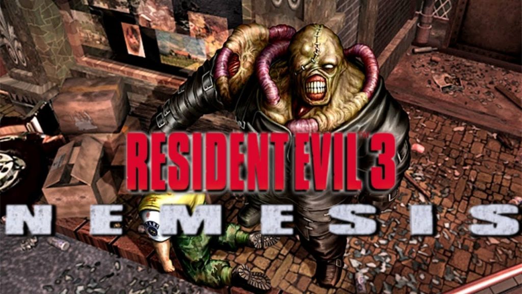 Resident Evil 3 Nemesis logo with the Nemesis creation in the background