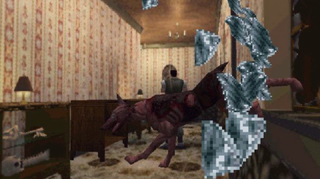 Resident Evil gameplay where a dog cerberus breaks through windows