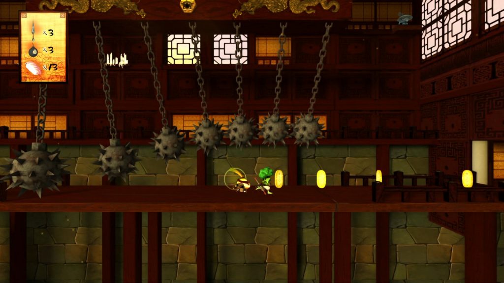 Kyurinaga's Revenge gameplay dodging swinging spiky balls and collecting coins