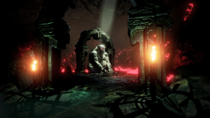 Conan Exiles gameplay footage of a stone statue in underground cave