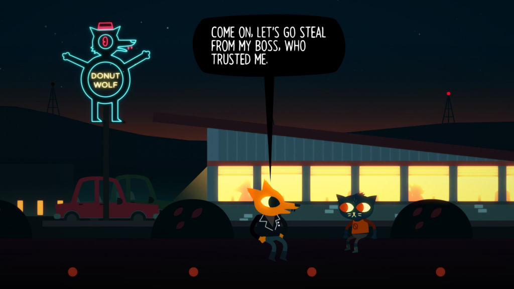 Night in the Woods gameplay showing a cat conversing with a fox