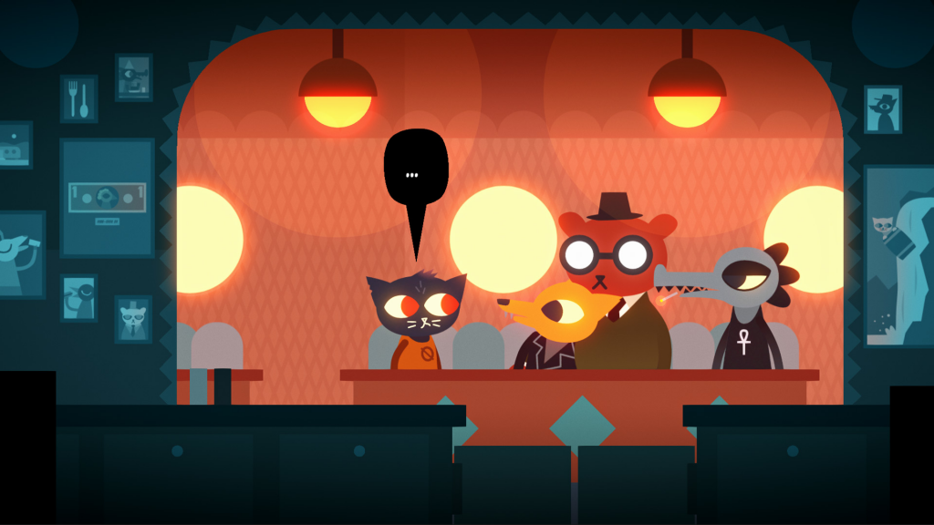 Night in the Woods gameplay showing a cat talking to some other characters