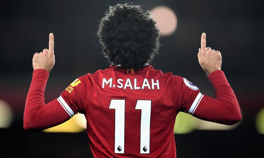 Mo Salah from behind in his red Liverpool kit