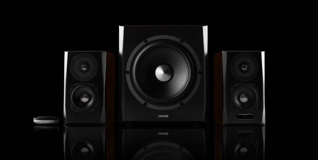 Edifier S350DB speakers on a black background