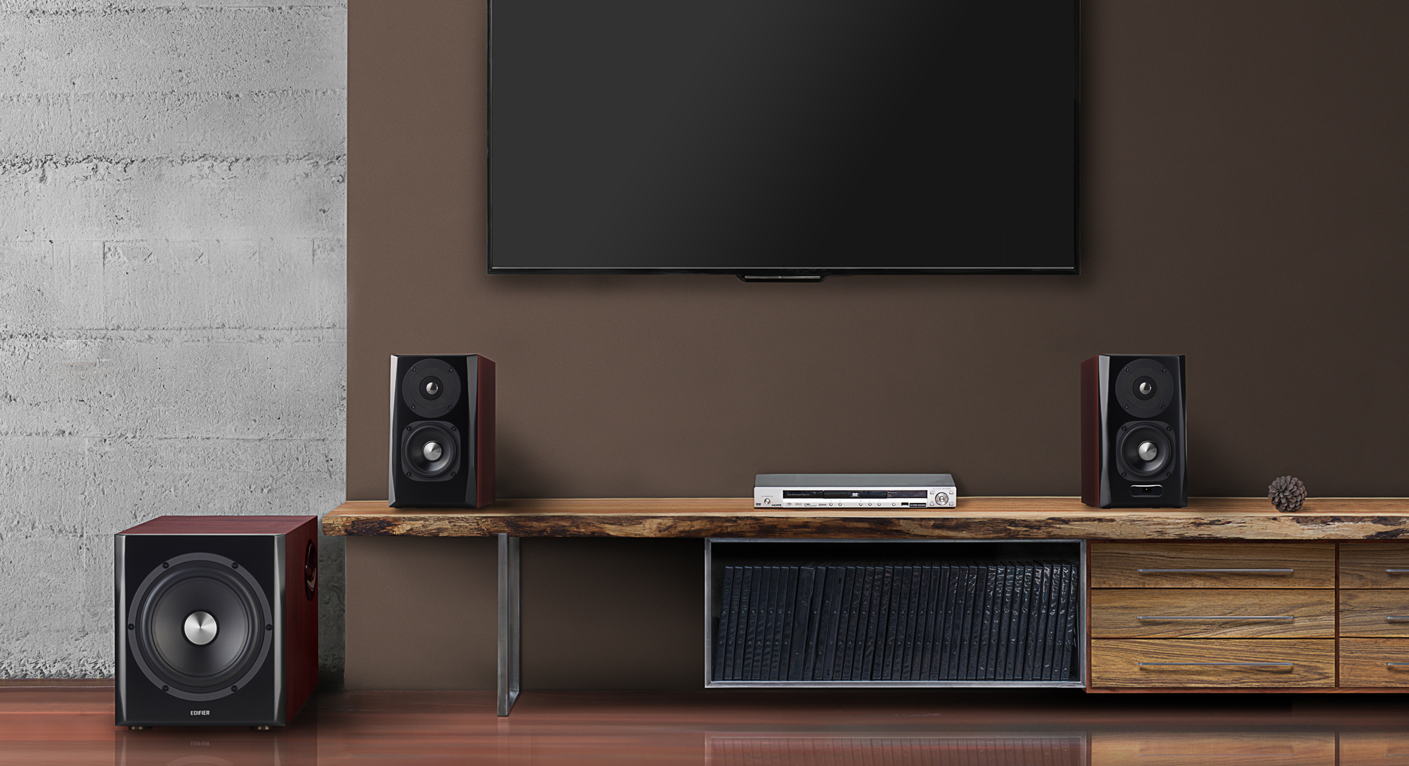 Edifier S350DB speakers set next to a TV