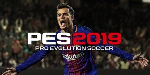 PES 2019 logo with Phillipe Coutinho in the background celebrating