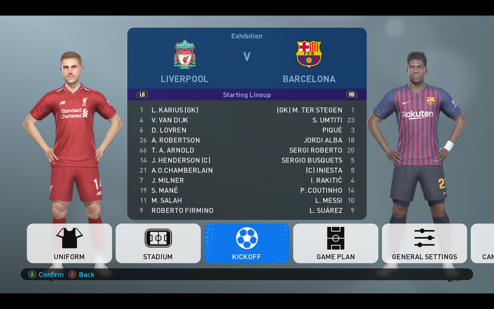 PES 2019 Team Selection Screen with Liverpool vs Barcelona
