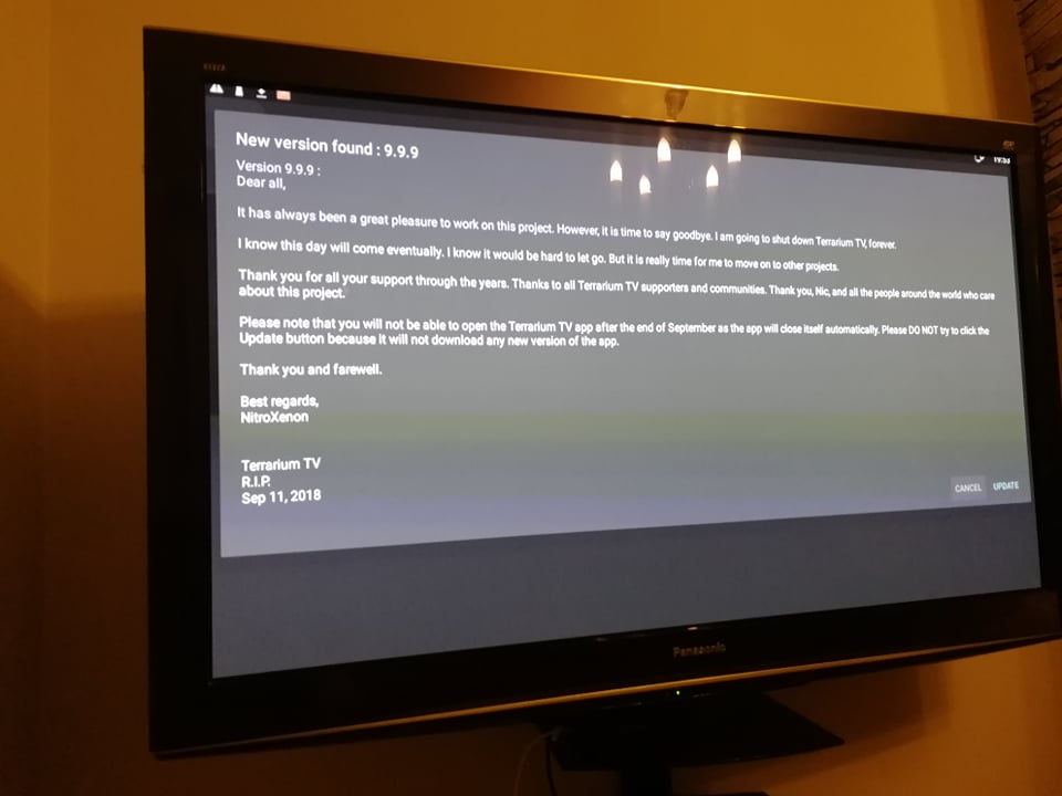TV showing the RIP message from Terrarium TV