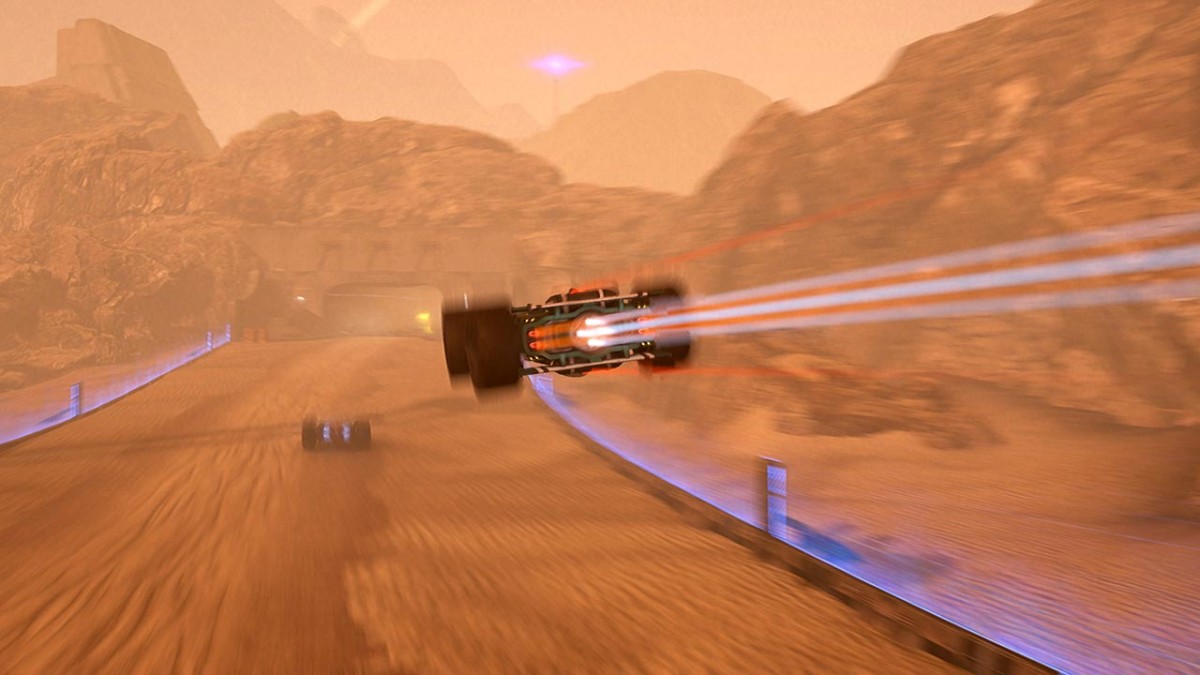 GRIP Combat Racing clip showing a car flying through the sky with an opponent further up a dirt track