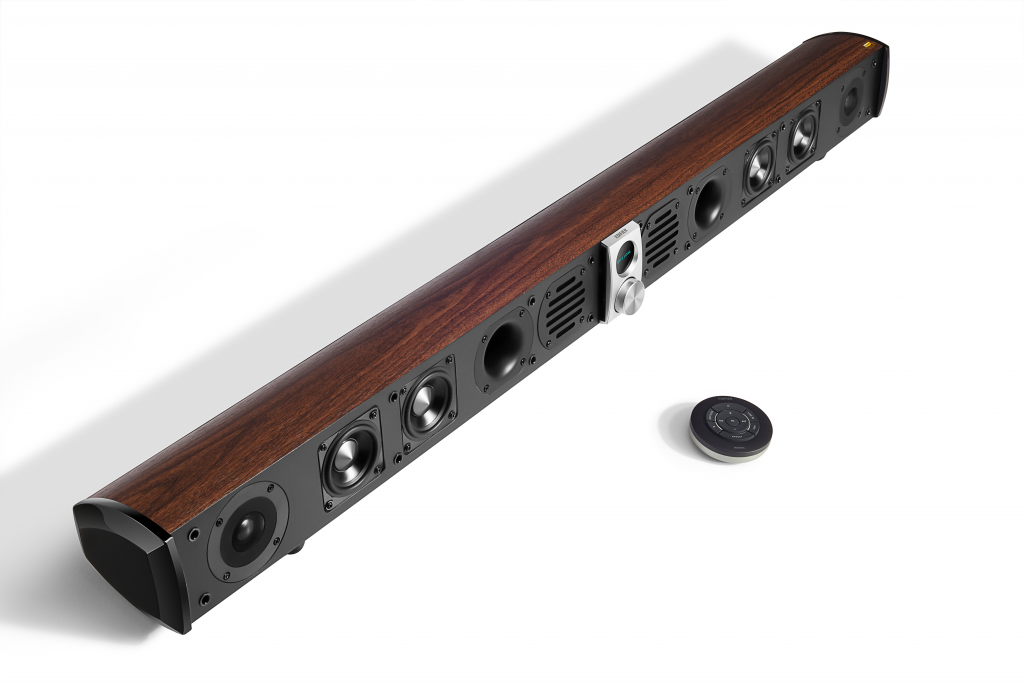A side view of the S50DB soundbar with the speaker covers off