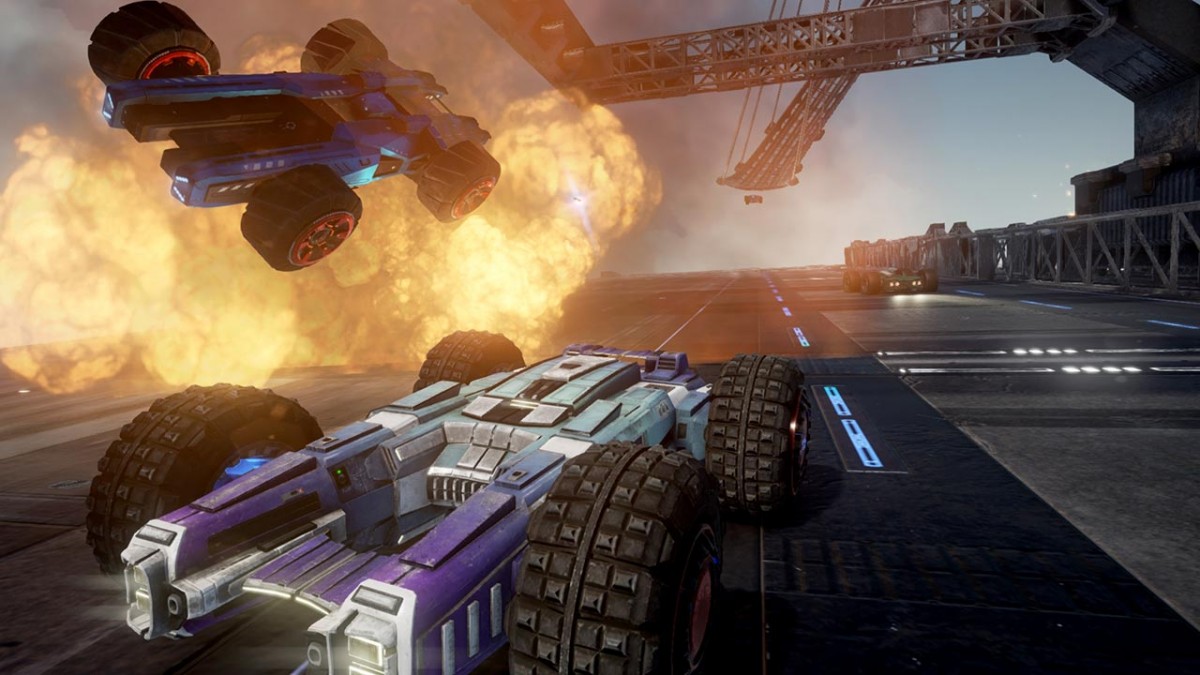 GRIP Combat Racing showing a car being flung into the air following an explosiong with another vehicle racing off