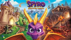 Spyro staring at the viewer with a merged background from all three Spyro titles