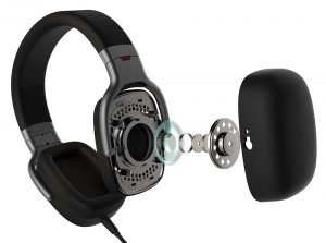 Edifier H880 with the right ear pad dissected, revealing all the inner parts of the headphones ear piece