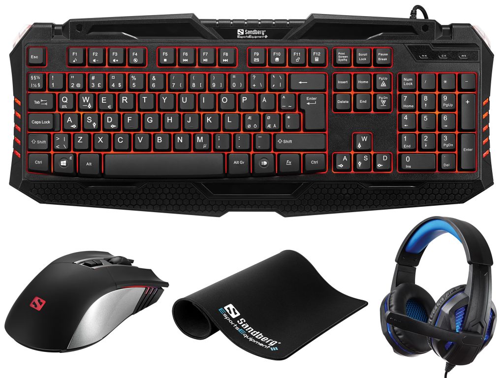 Sandberg Gameing Starter Kit showing the keyboard, mouse, mousemat and headset