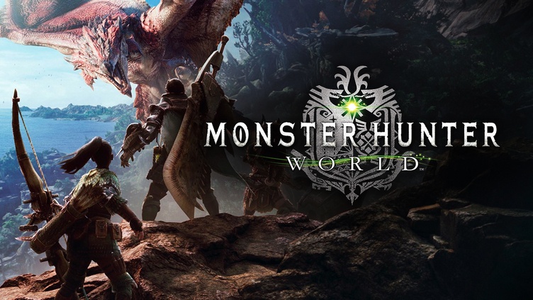 Monster Hunter World logo with hunter standing facing a monster in the background