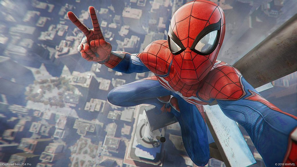Spider-man taking a selfie on top of a building whilst doing a peace sign