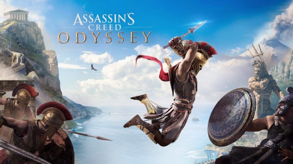 Assassin's Creed Odyssey logo with greek soldier leaping at enemy with sword in hand