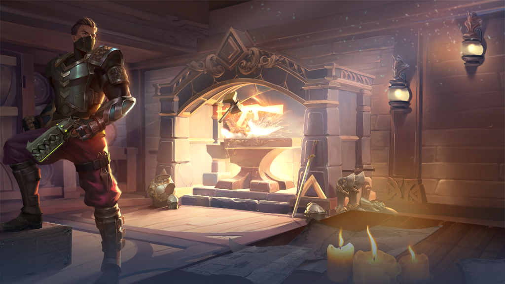 Realm Royale artwork showing a champion standing in front of a forge making a weapon