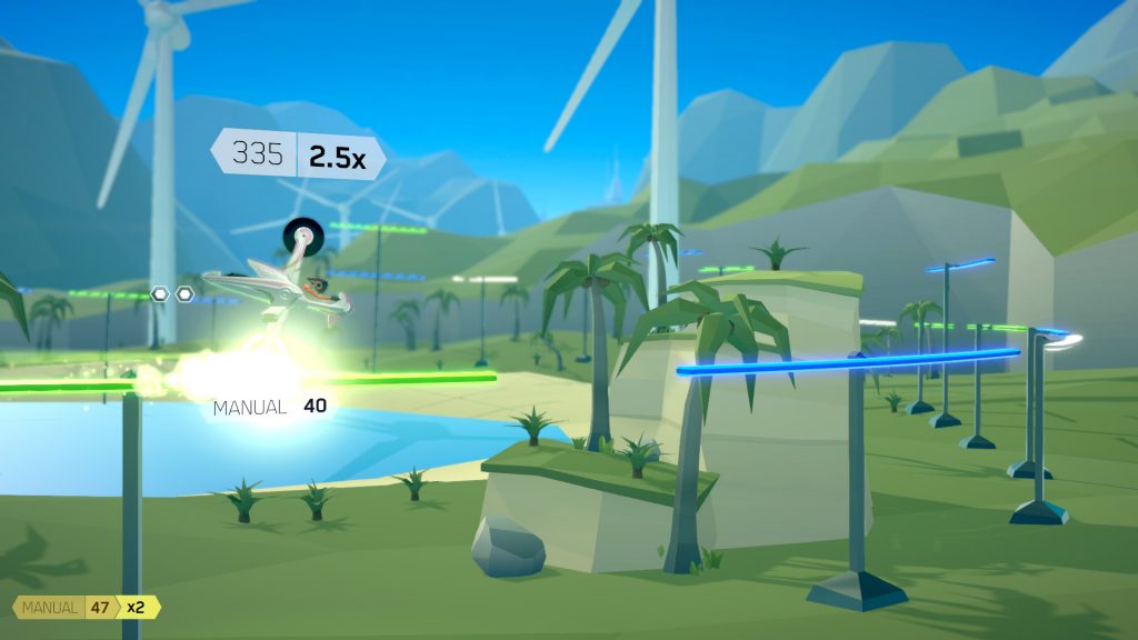 Gameplay from FutureGrind showing a bike grinding along a rail upright