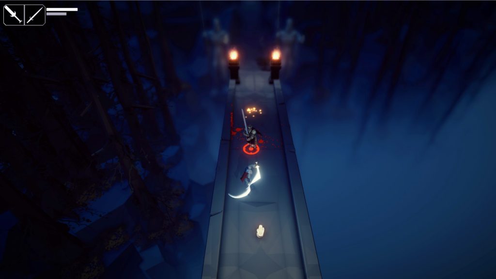 Fall of Light Darkest Edition gameplay showing a battle on a bridge