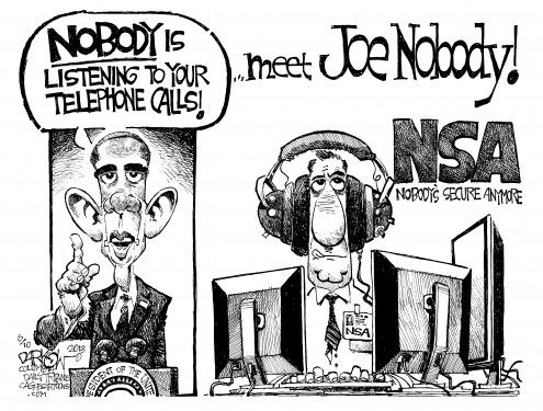 Political cartoon demonstrating the US government spying on the public