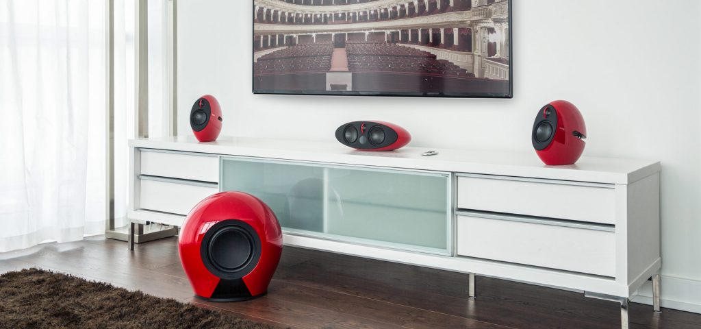 Edifier E255 in Red set up in living room