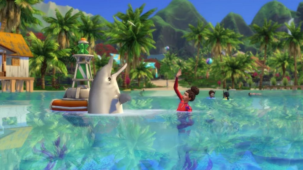 The Sims 4 Island Living swimming with a dolphin