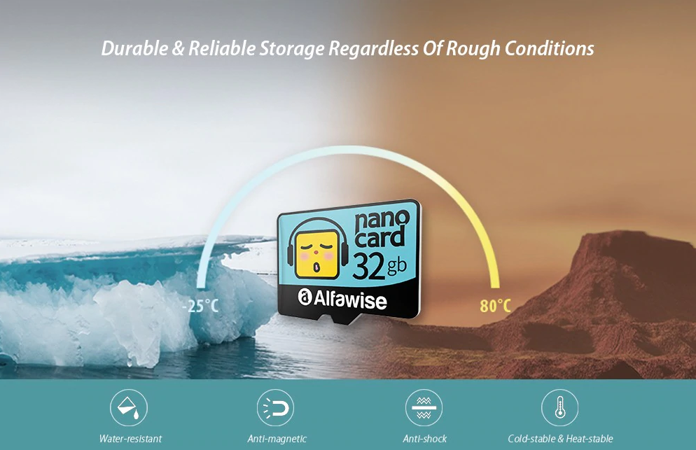 Alfawise Cartoon Face SD Card next to the the temperature ranges it can operate at, -20 and 80