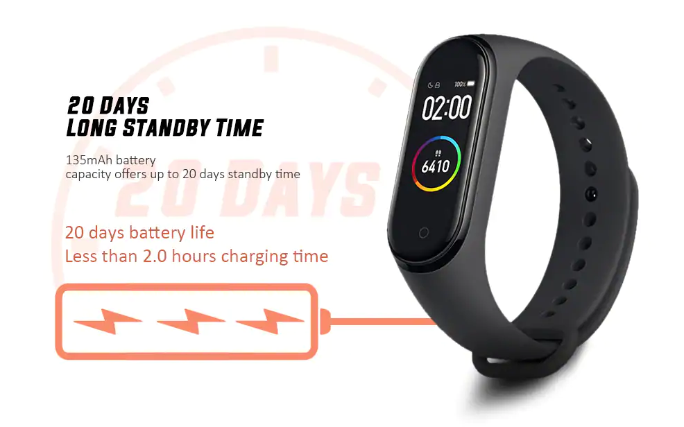 Xiaomi Mi Band 4 Battery Life stats stating less than 2 hour charge time and 20 hours life operating on standby