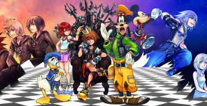 Kingdom Hearts header showing numerous characters from within the game but not the Re Mind DLC
