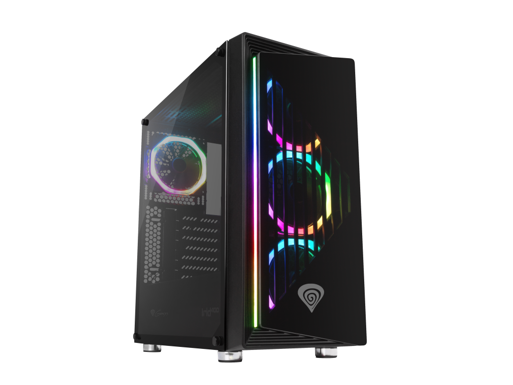 Genesis Irid 400 RGB front and side view with RGB fans lit up