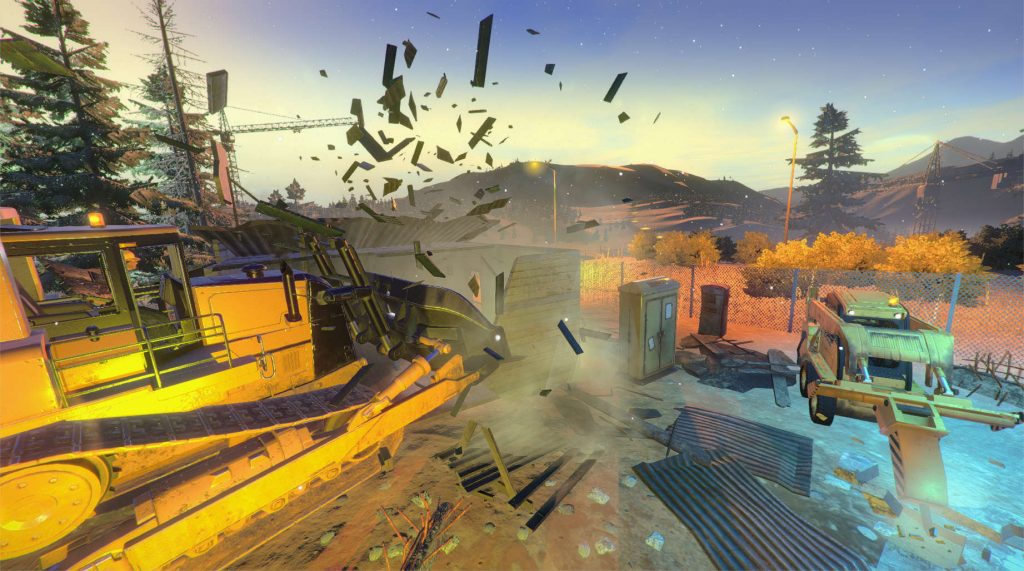 Demolish & Build gameplay showing a bulldozer smashing through a building