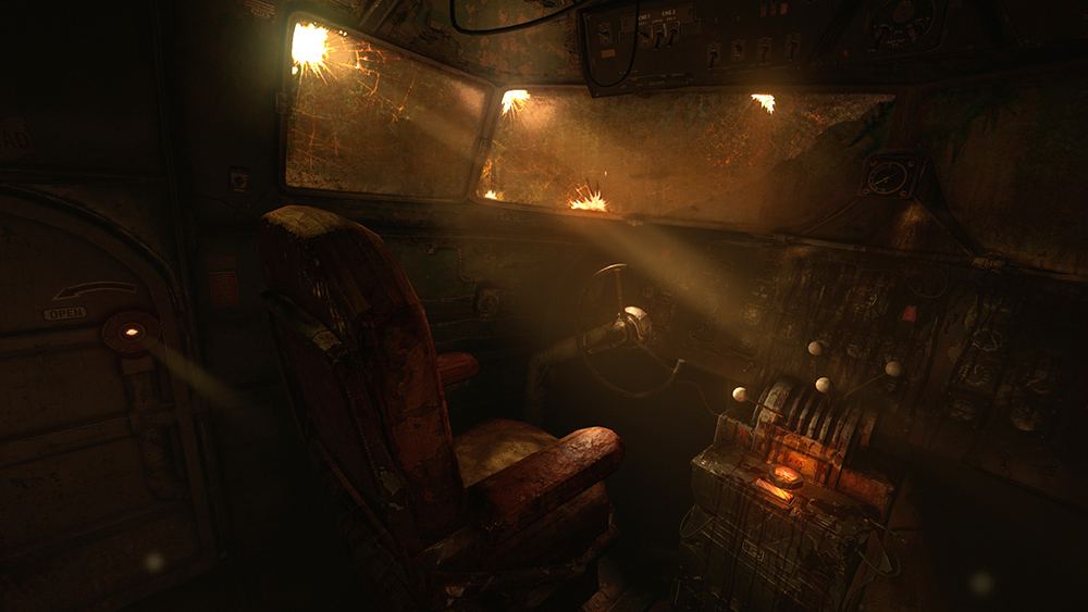 Frictional Games Amnesia: Rebirth gameplay screenshot inside an abandoned airplane cockpit