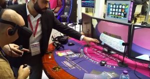 A guy playing Blackjack in Virtual Reality like in an online casino