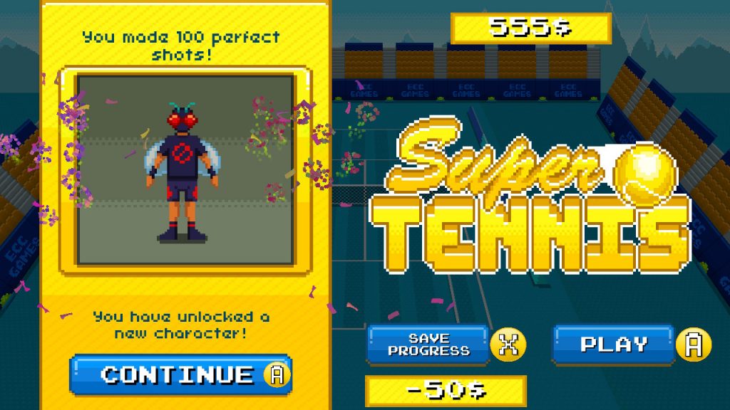 Super Tennis match end screen allowing you to spend your winnings