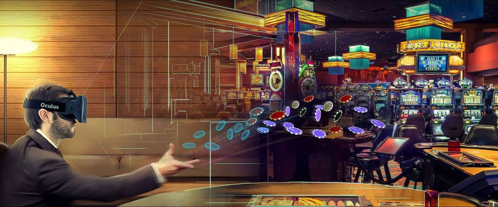 VR Sports Betting showing a man wearing a VR headset playing casino games in VR - Virtual Gaming gambler
