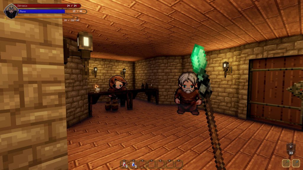 Pangeon gameplay showing player in a room holding a staff facing two other characters wearing robes