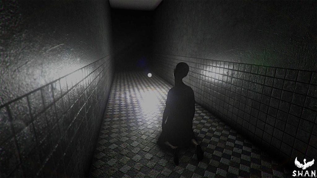 S.W.A.N. screenshot showing dark character staring down a hallway at a bright light