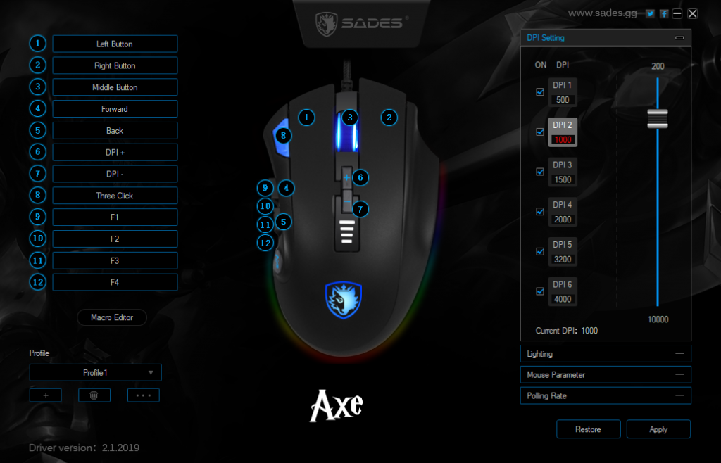 The SADES Axe software to customise the mouse, with an image of the mouse in the middle of the window