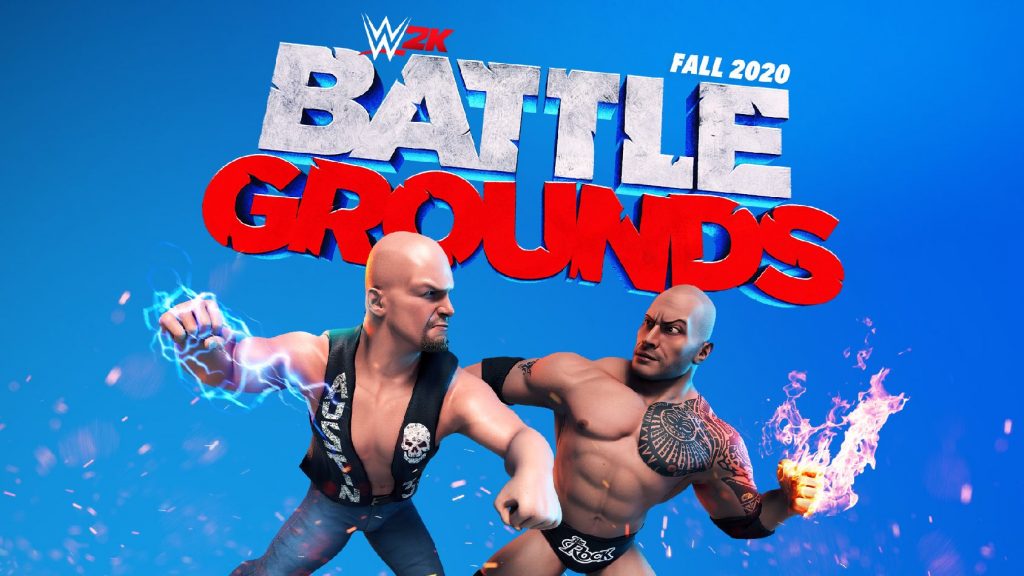 WWE 2K Battlegrounds logo with Stone Cold Steve Austin and the Rock facing off