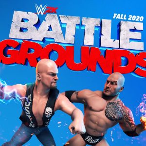 WWE 2K Battlegrounds logo with Stone Cold Steve Austin and the Rock facing off
