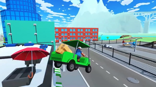 Flying through the sky in a golf buggy delivering parcels